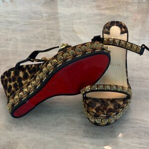 Christian Louboutin Leopard Print and Gold Studded Wedges